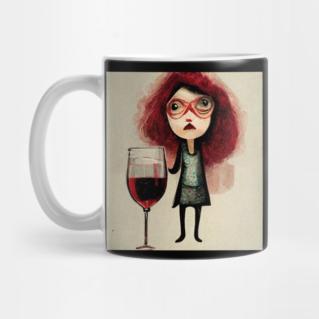 Woman wearing glasses and standing with her big glass of red wine. by Liana Campbell